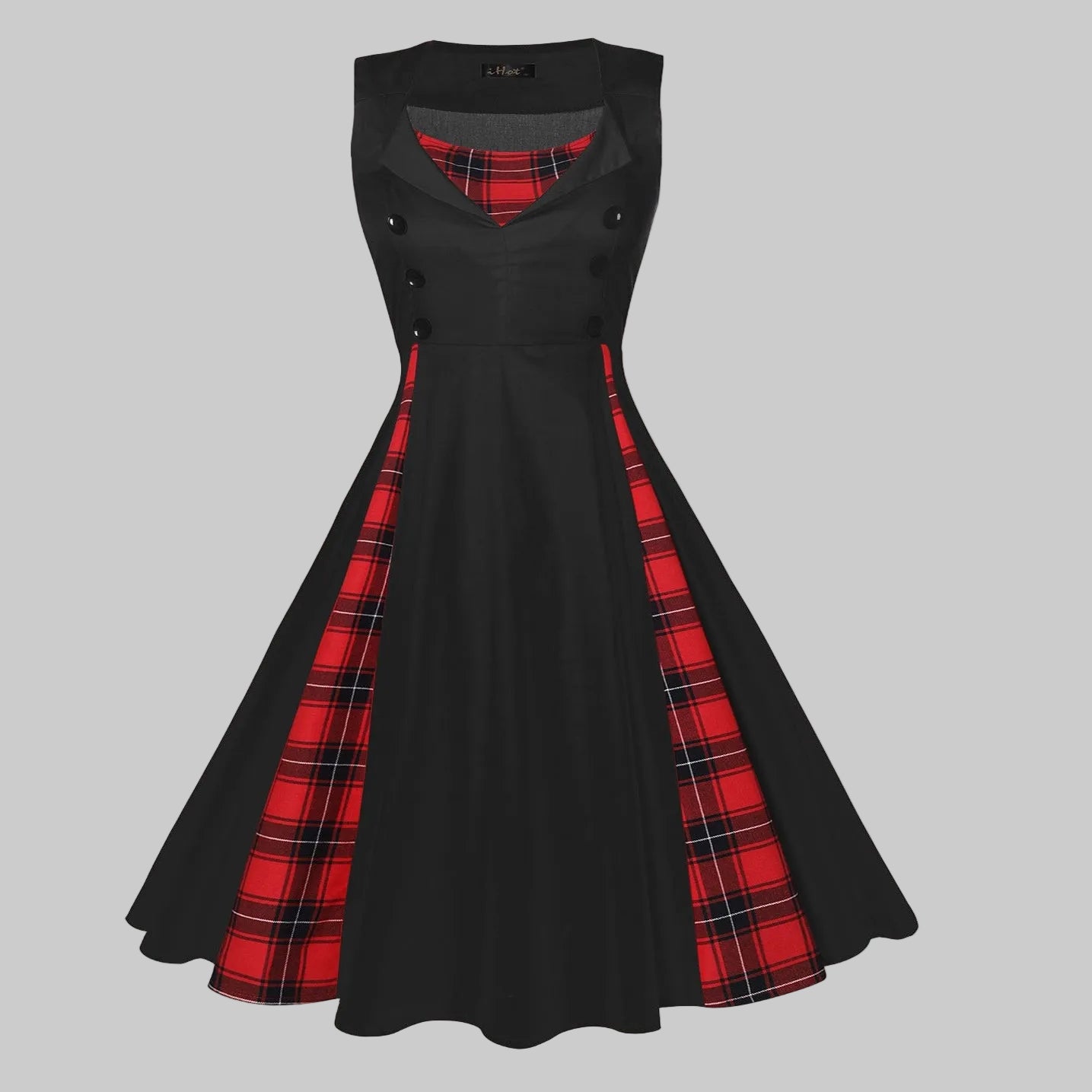 Women’s Vintage Swing Dress with Polka Dot Panels and Double Breasted Buttons