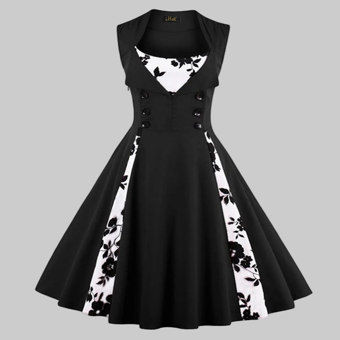 Women’s Vintage Swing Dress with Polka Dot Panels and Double Breasted Buttons