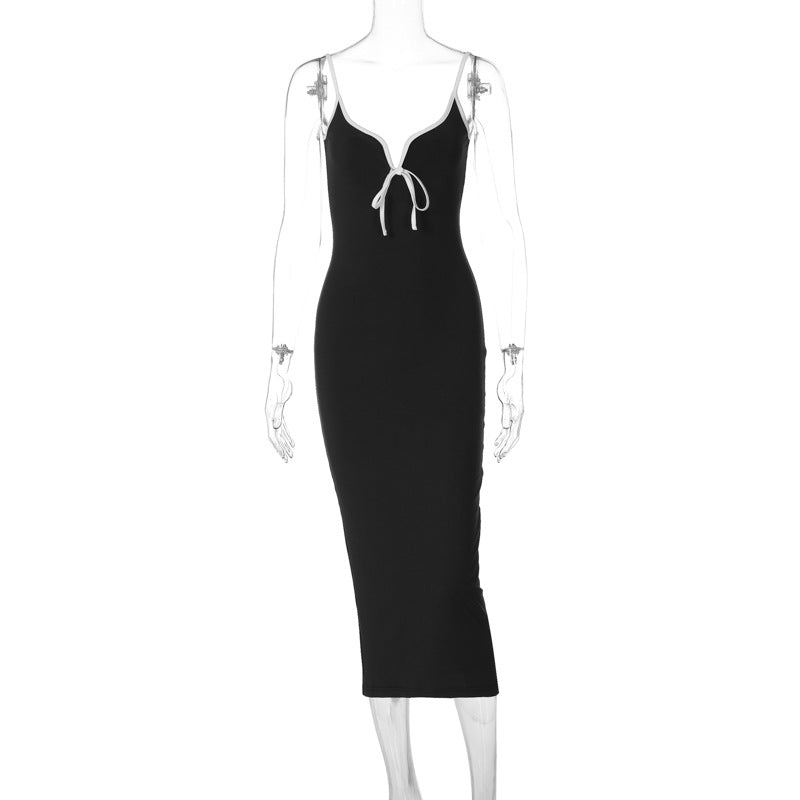 Women’s Bodycon Maxi Dress with Contrast Binding and Bow Detail