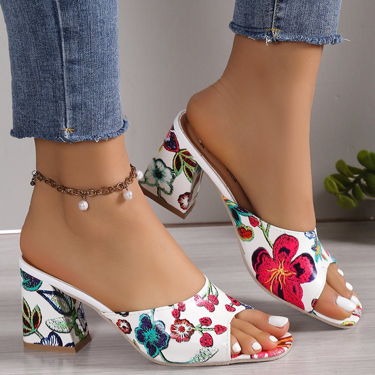 Women's Floral Block Heel Mules Open Toe for Everyday