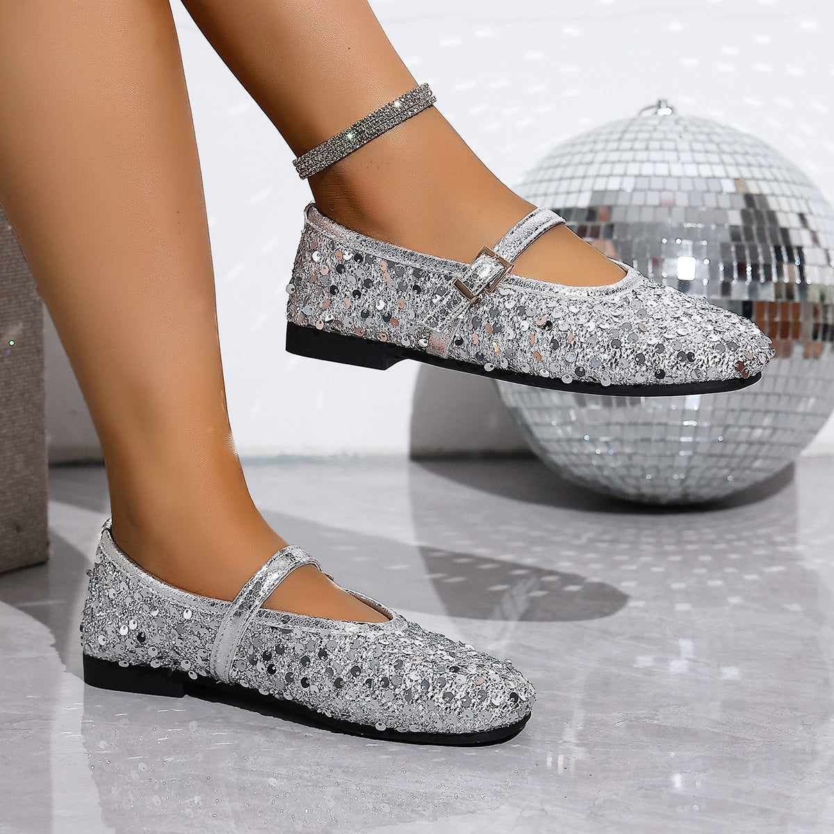 Women's Glitter Mary Jane Shoes with Ankle Strap