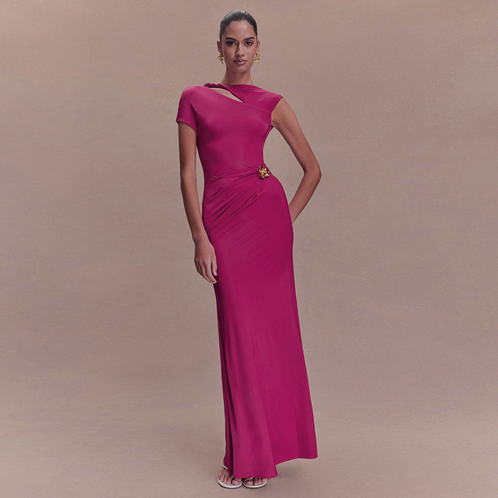 Women's Sheath Maxi Dress with Asymmetric Cutout and Brooch