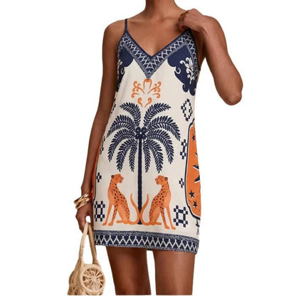 Women's V-Neck Floral Print Slim-Fit Slip Dress