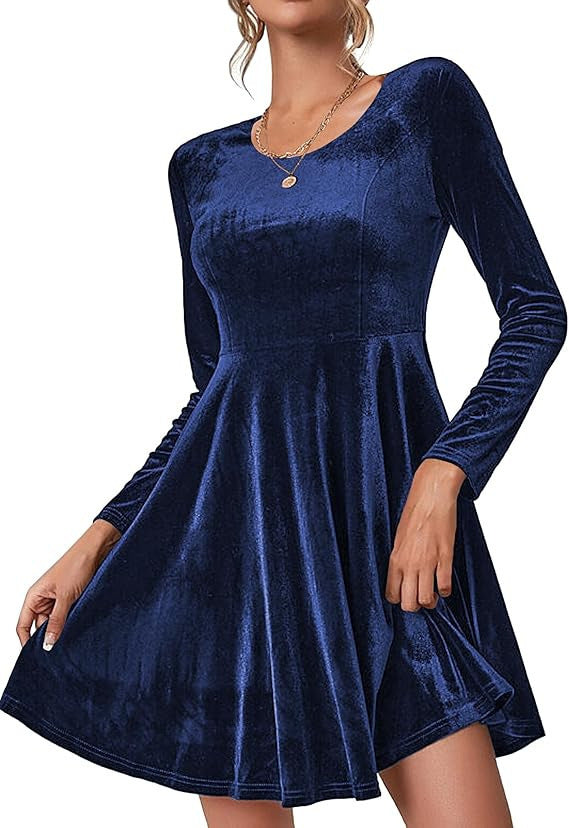 Women's Velvet A-Line Skater Dress Long Sleeve V-Neck