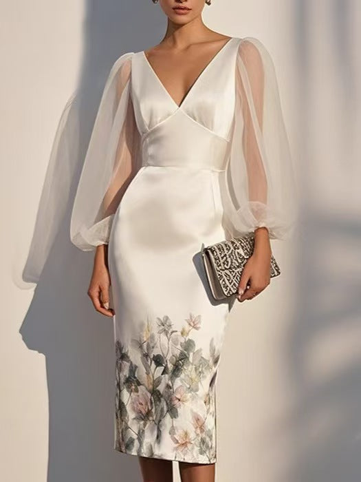 Women’s Midi Dress with Sheer Puff Sleeves and Floral Border Print