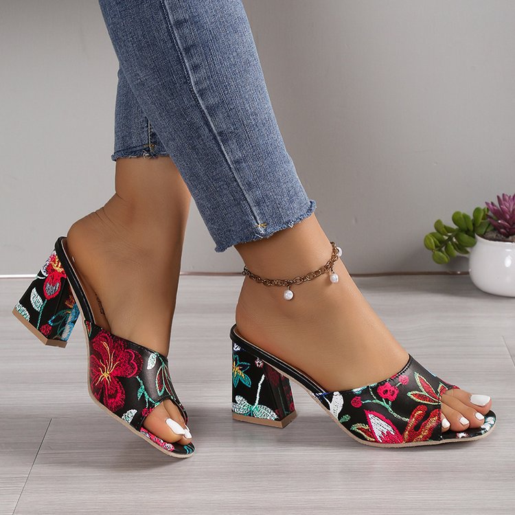 Women's Floral Block Heel Mules Open Toe for Everyday