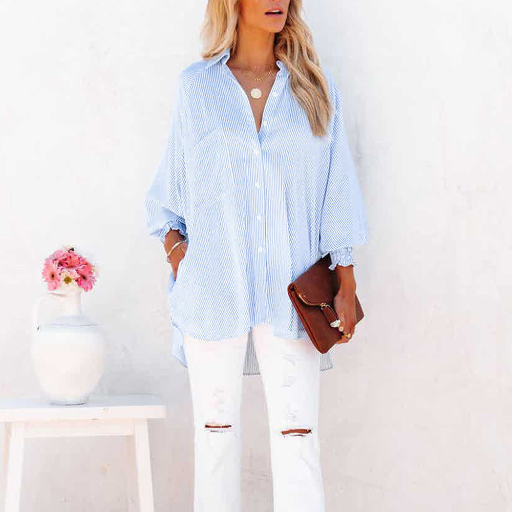 Women's Button Down Shirt Striped Oversized Smocked Cuff Blouse