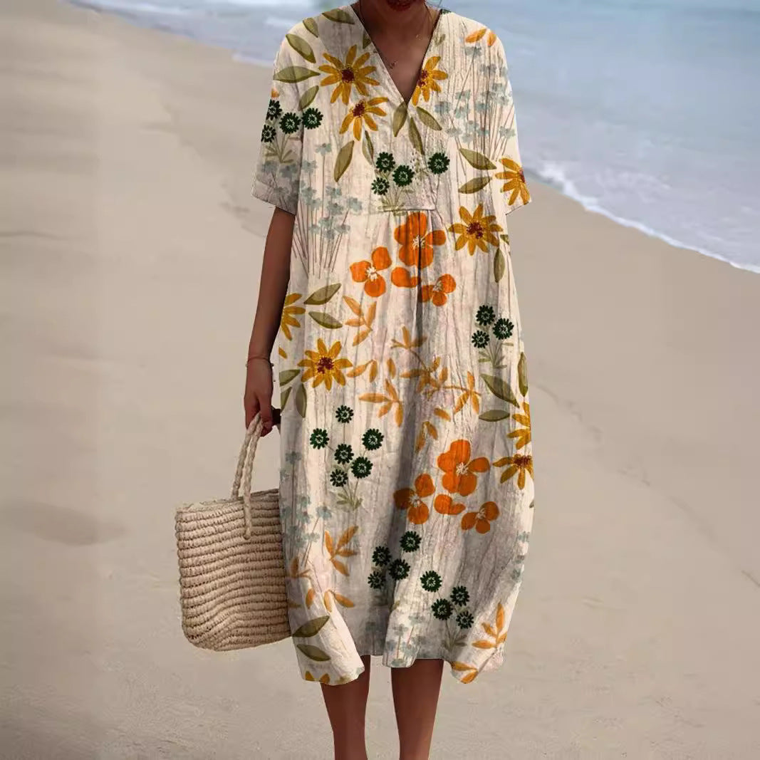 Women’s Midi Dress with V-Neckline and Vintage Floral Print