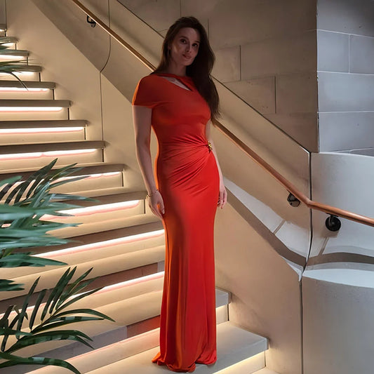 Women's Sheath Maxi Dress with Asymmetric Cutout and Brooch