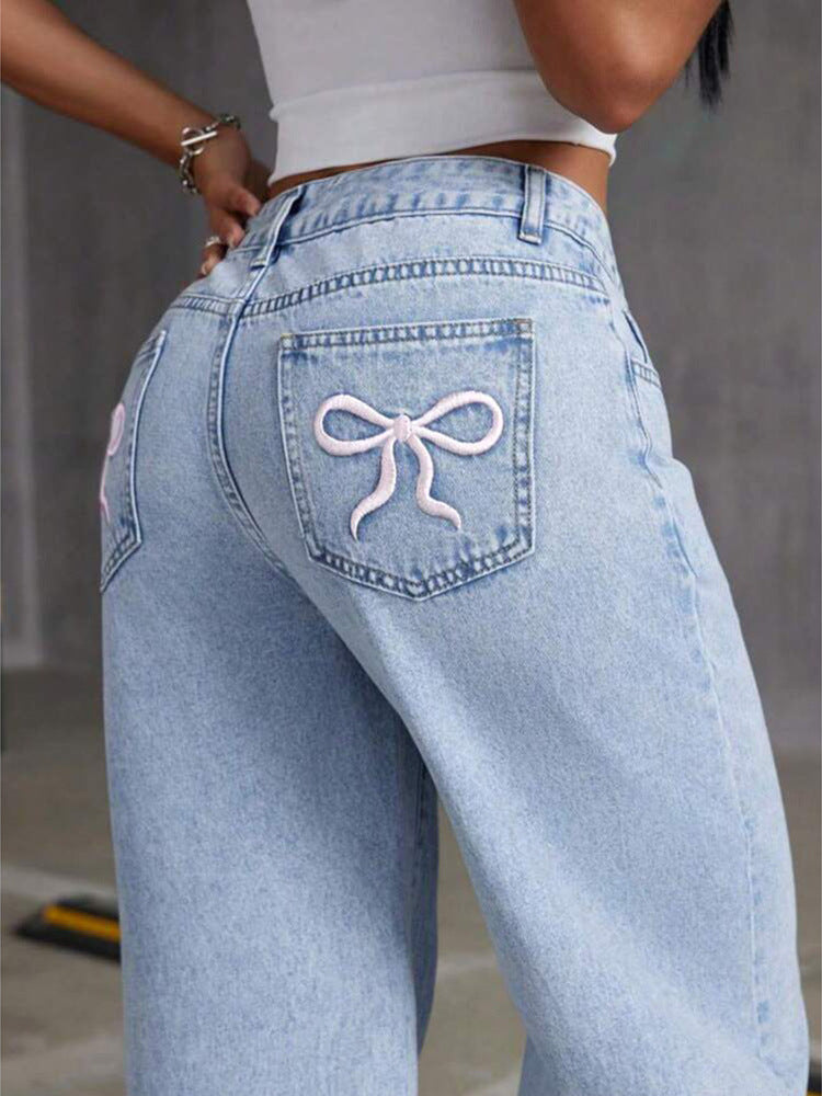 Women's Wide-Leg Denim Trousers with Vintage Korean Design