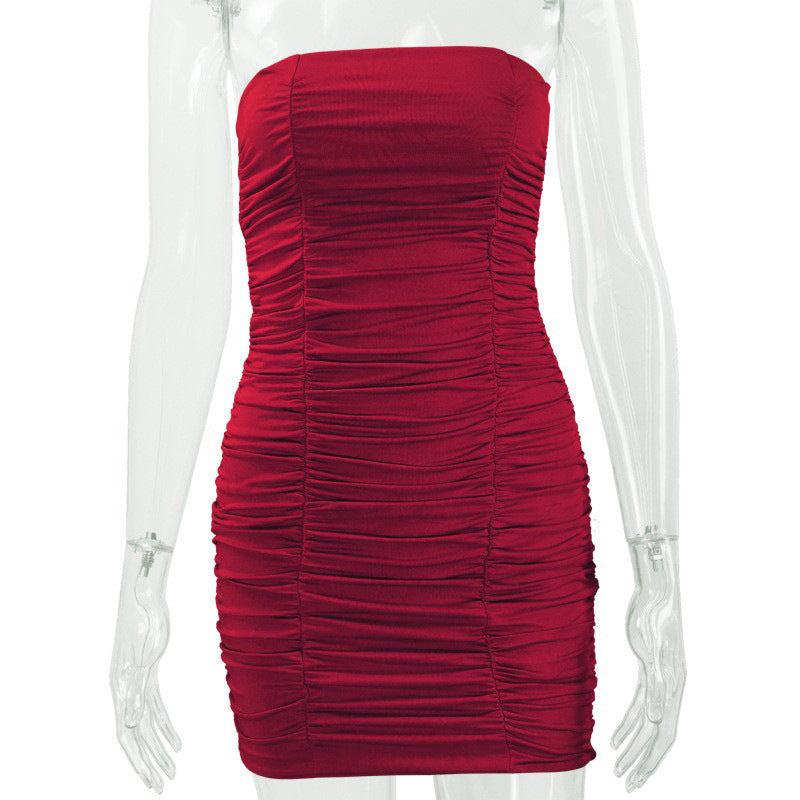 Women’s Ruched Strapless Bodycon Dress with Mesh Overlay