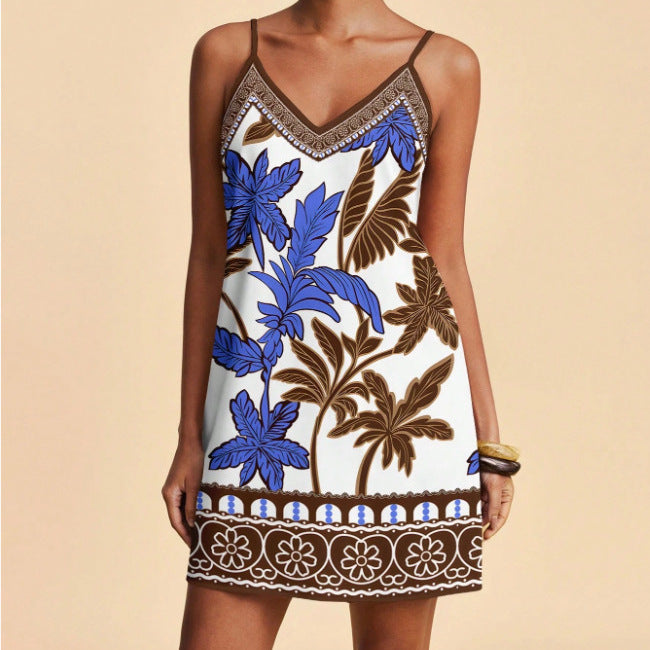Women's V-Neck Floral Print Slim-Fit Slip Dress
