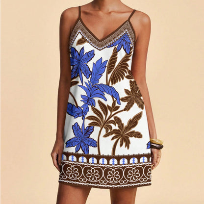 Women's V-Neck Floral Print Slim-Fit Slip Dress