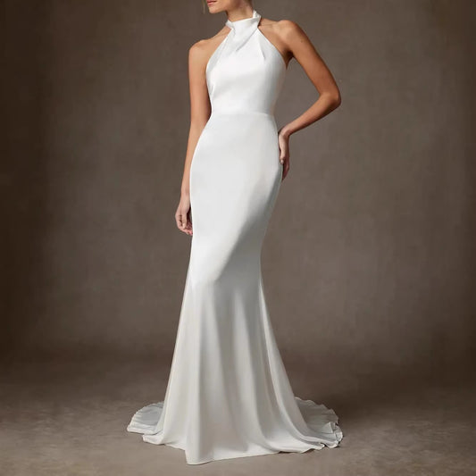 Women’s Wedding Gown with High Neck Halter and Mermaid Satin Silhouette