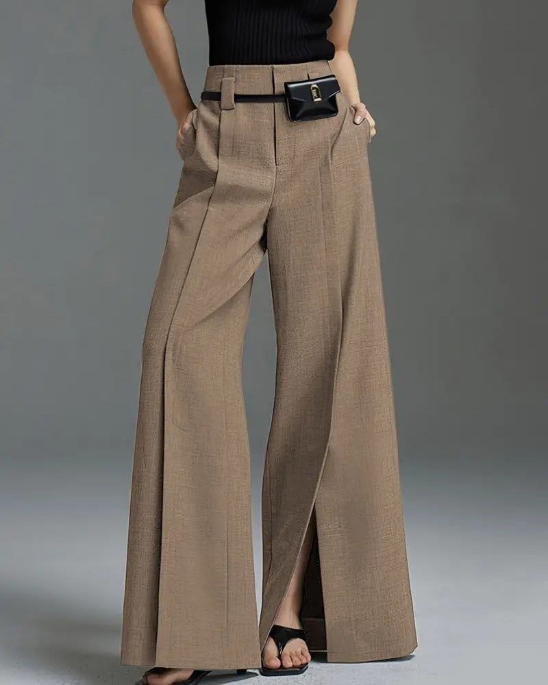 Ceylan Women's Pleated Wide Leg Trousers Split Hem Detail
