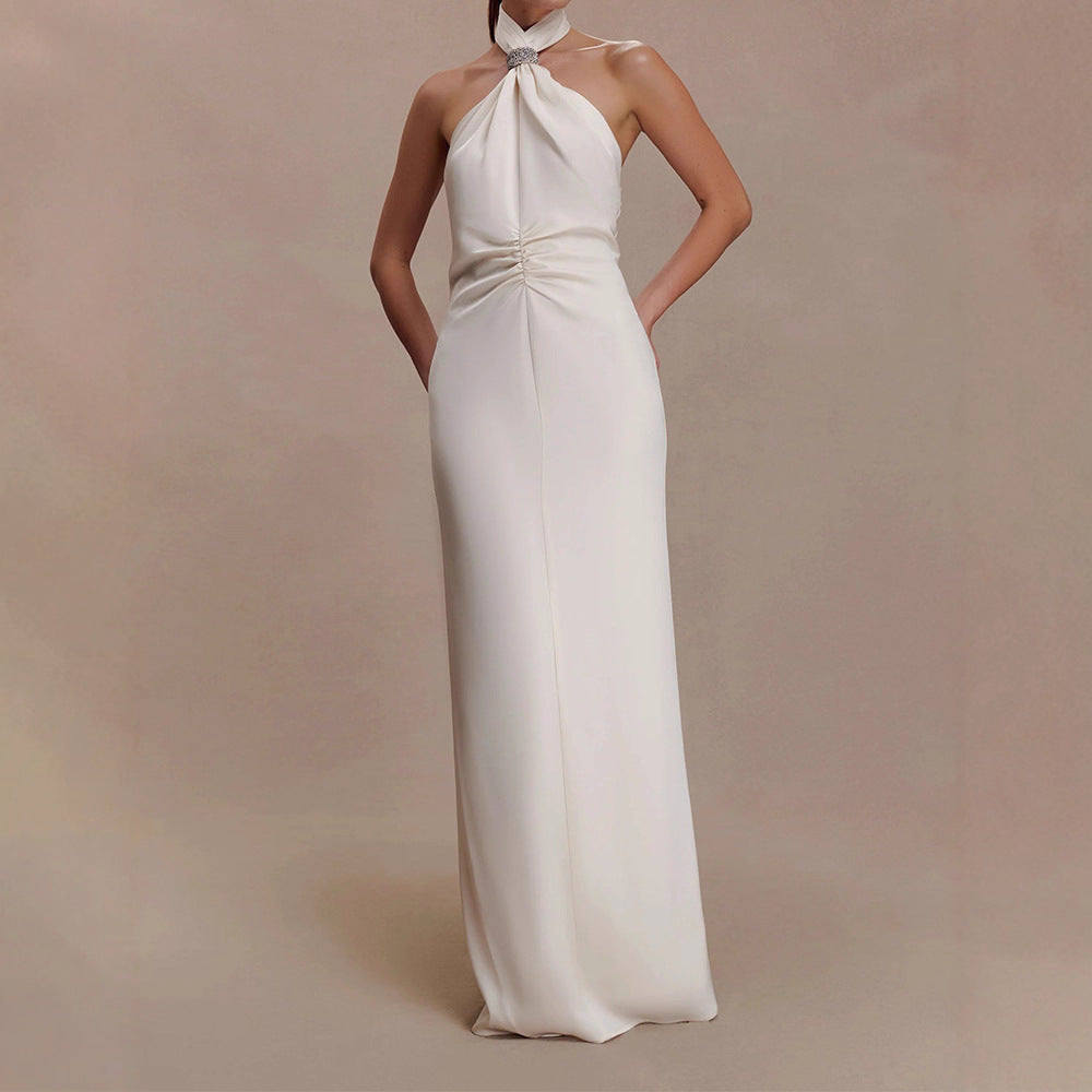Women’s Backless Halter Maxi Dress with Ruched Bodice and Crystal Detail