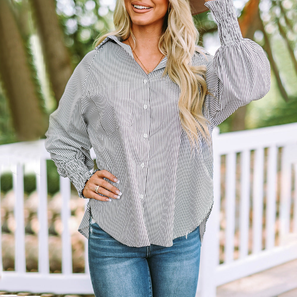 Women's Button Down Shirt Striped Oversized Smocked Cuff Blouse
