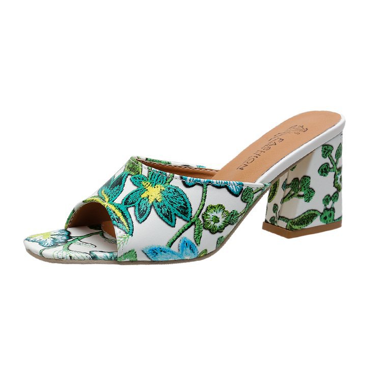 Women's Floral Block Heel Mules Open Toe for Everyday