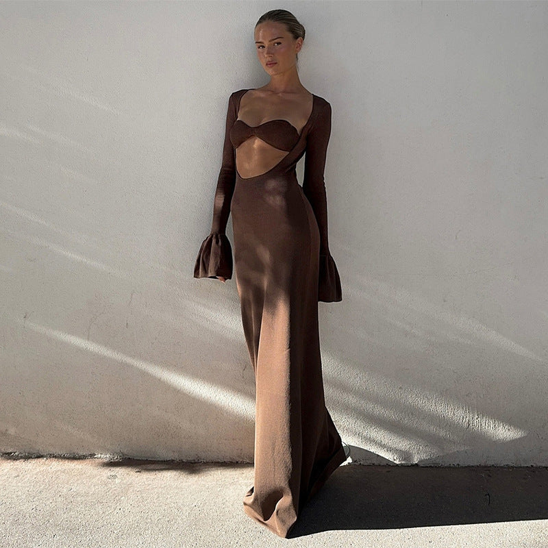 Women's Underbust Cutout Maxi Dress with Flared Bell Sleeves