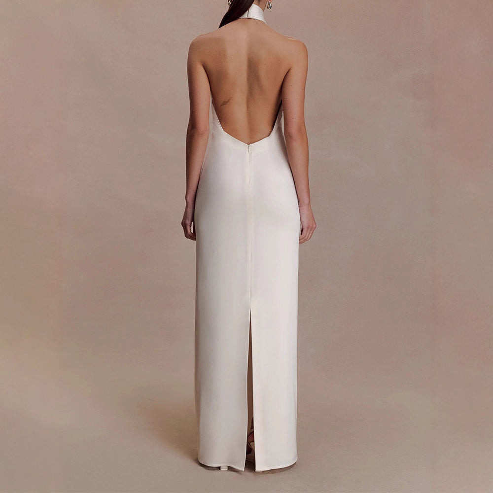 Women’s Backless Halter Maxi Dress with Ruched Bodice and Crystal Detail
