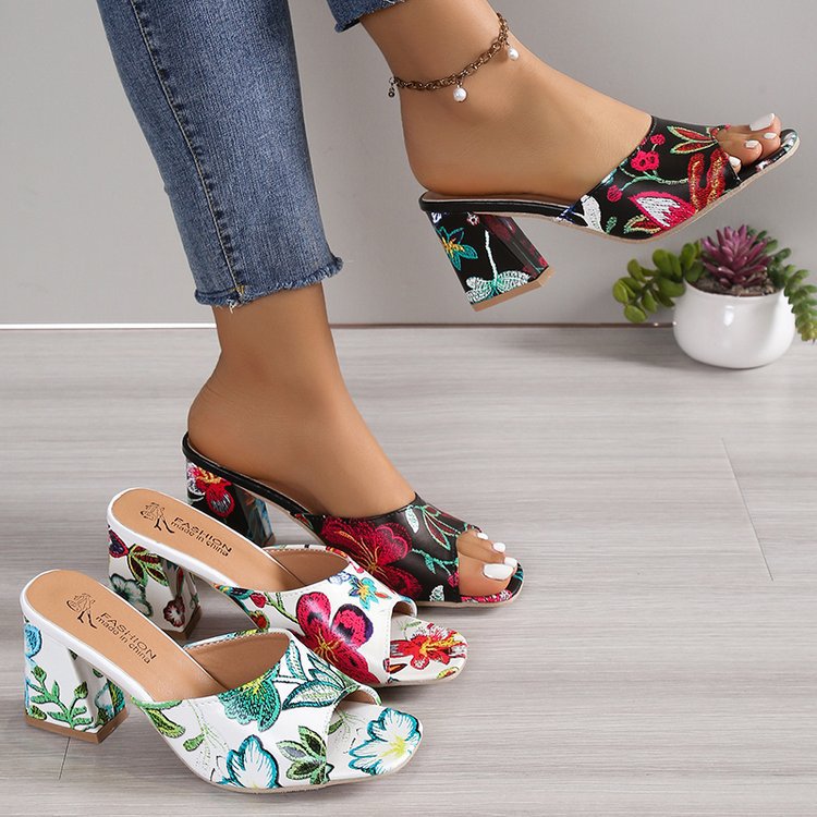 Women's Floral Block Heel Mules Open Toe for Everyday