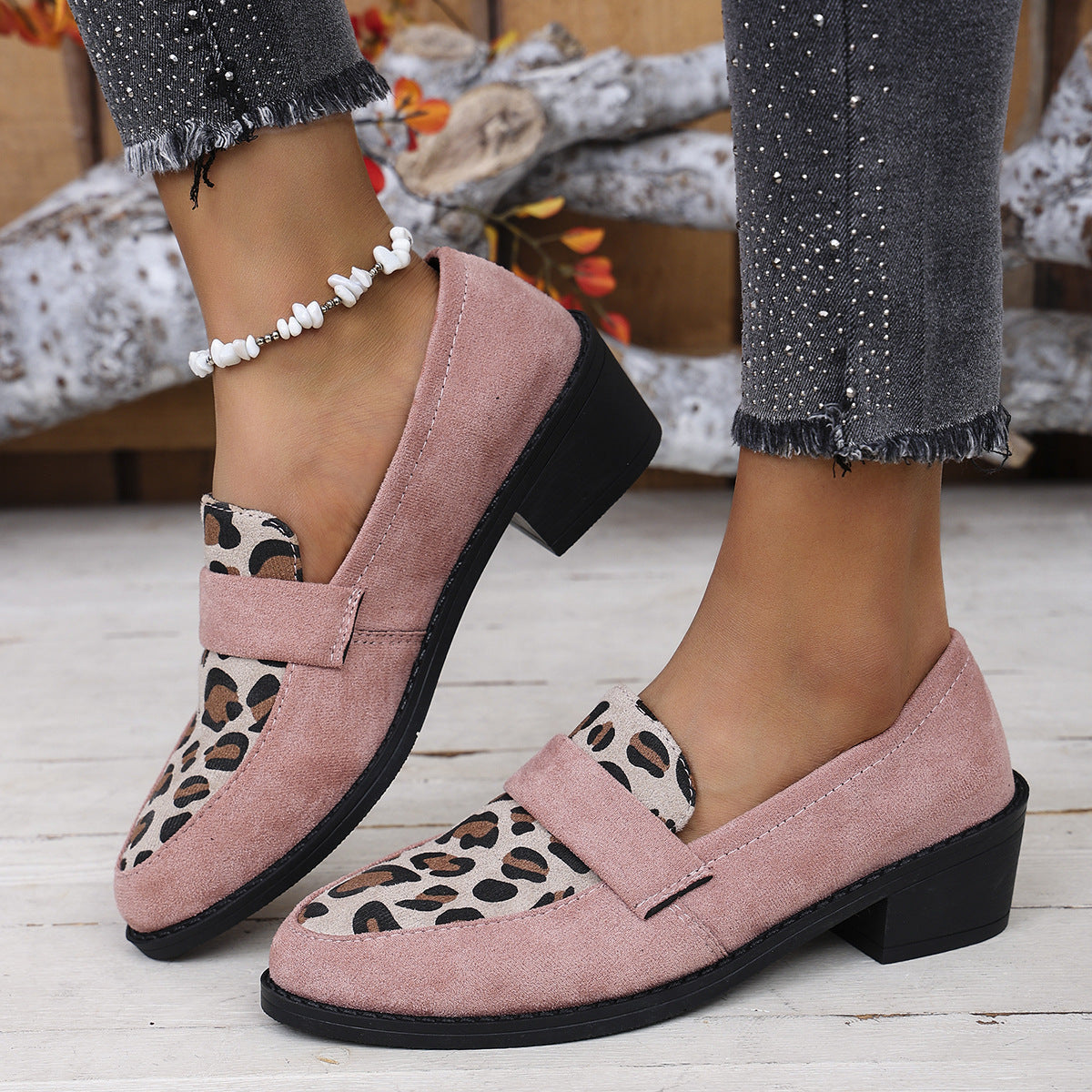 Women's Leopard Print Loafers Low Block Heel Slip-On