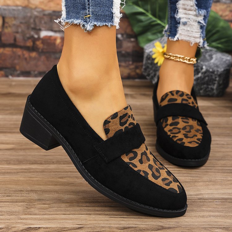 Women's Leopard Print Loafers Low Block Heel Slip-On