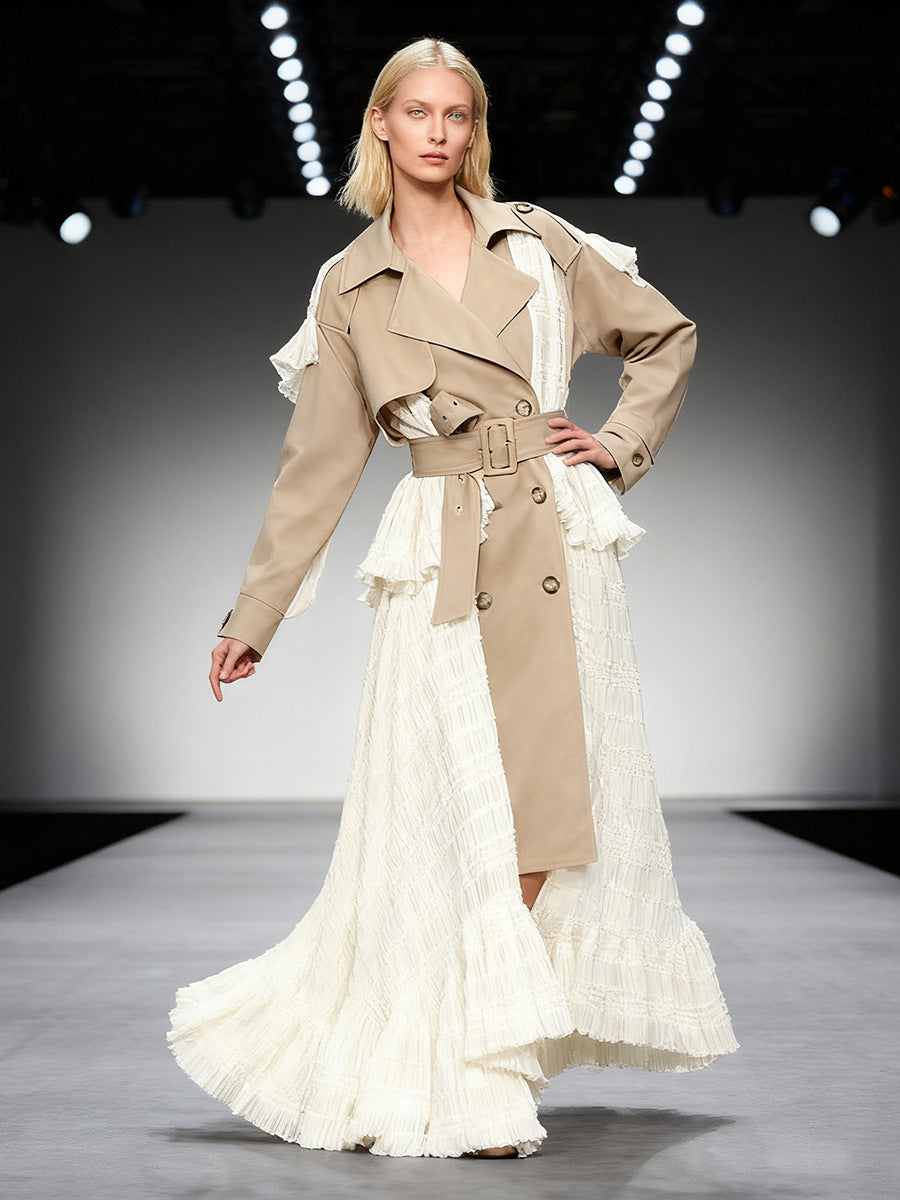 Women’s Trench Coat Maxi Dress with Pleated Ruffled Panels