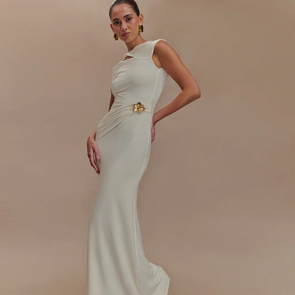 Women's Sheath Maxi Dress with Asymmetric Cutout and Brooch