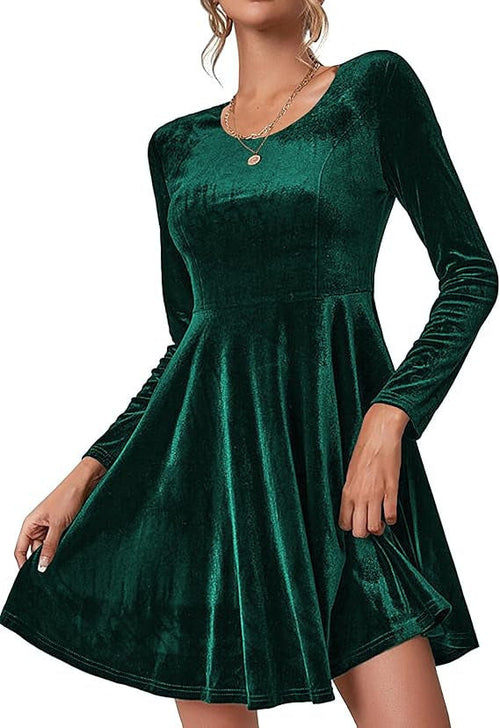 Women's Velvet A-Line Skater Dress Long Sleeve V-Neck