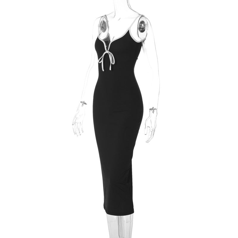 Women’s Bodycon Maxi Dress with Contrast Binding and Bow Detail