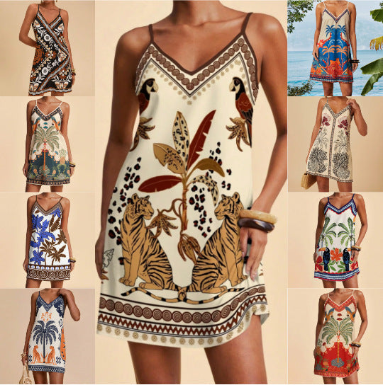 Women's V-Neck Floral Print Slim-Fit Slip Dress
