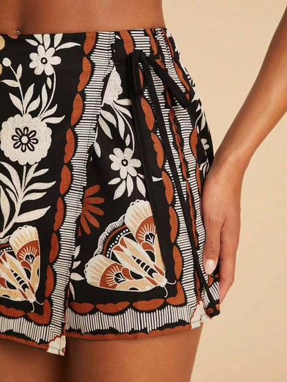 Women's Vintage Floral Print Side-Tie Mini Skirt