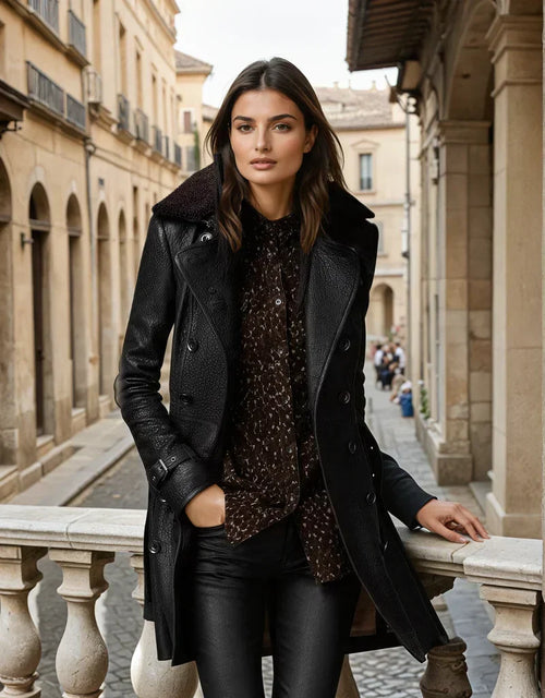 Women's Faux Leather Trench Coat with Shearling Collar
