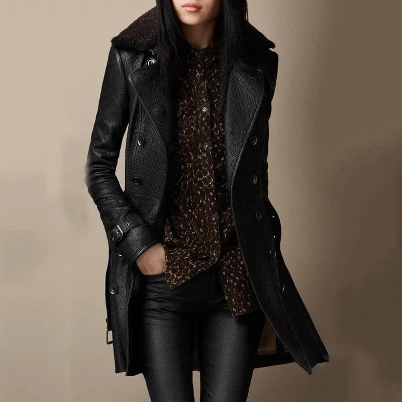 Women's Faux Leather Trench Coat with Shearling Collar