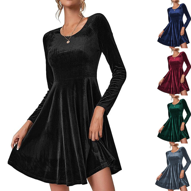 Women's Velvet A-Line Skater Dress Long Sleeve V-Neck