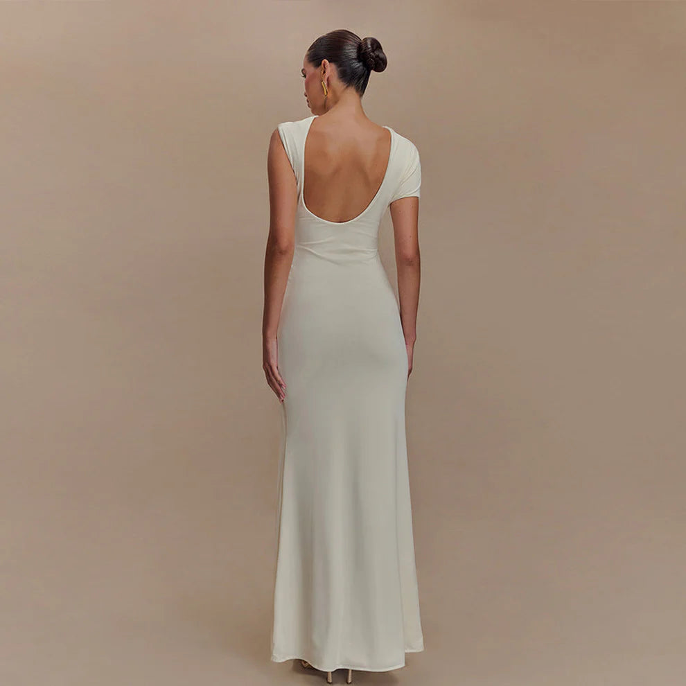 Women's Sheath Maxi Dress with Asymmetric Cutout and Brooch