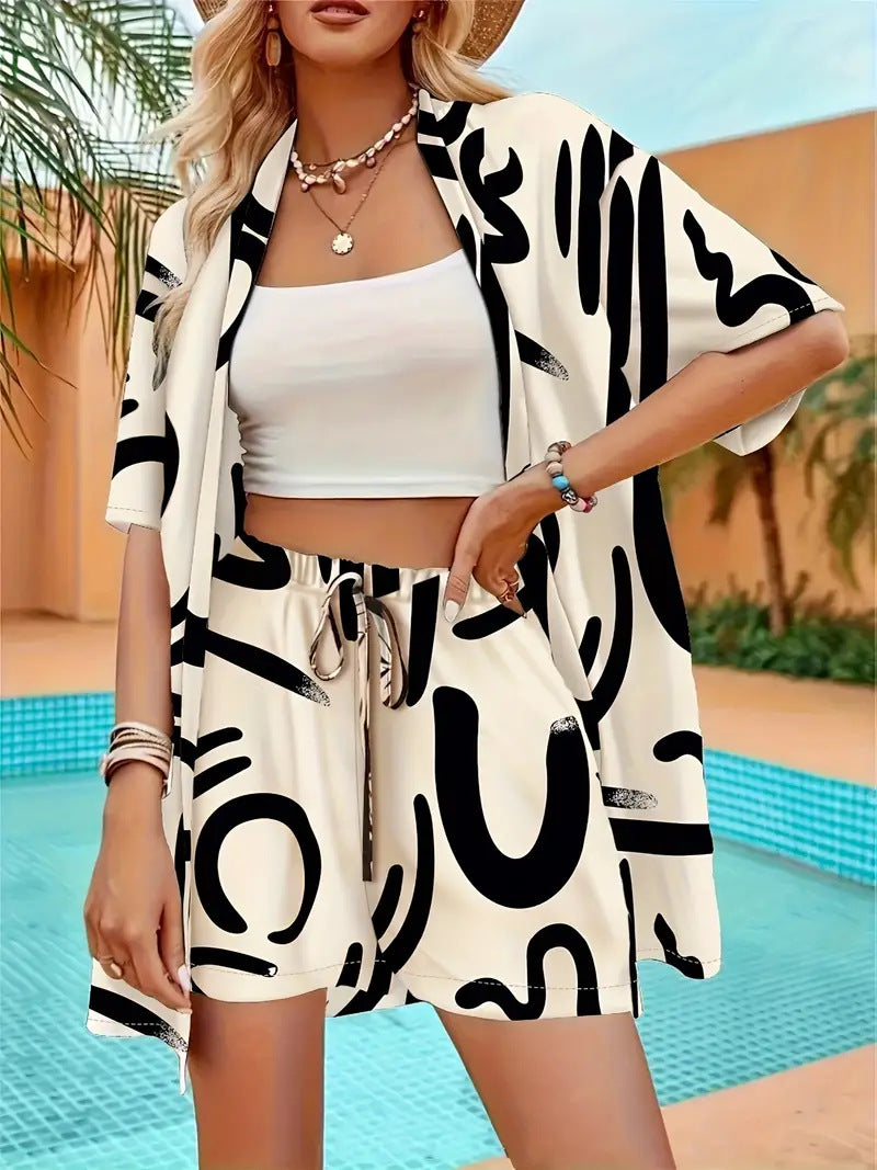 Women’s Shorts Set with Open Front Kimono Blouse and Pockets