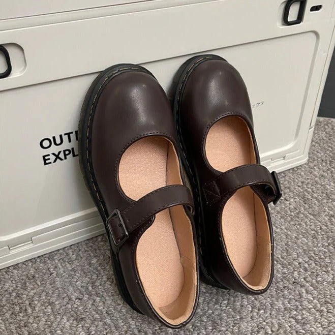 Women’s Mary Jane Shoes with Contrast Stitching and Buckle Strap