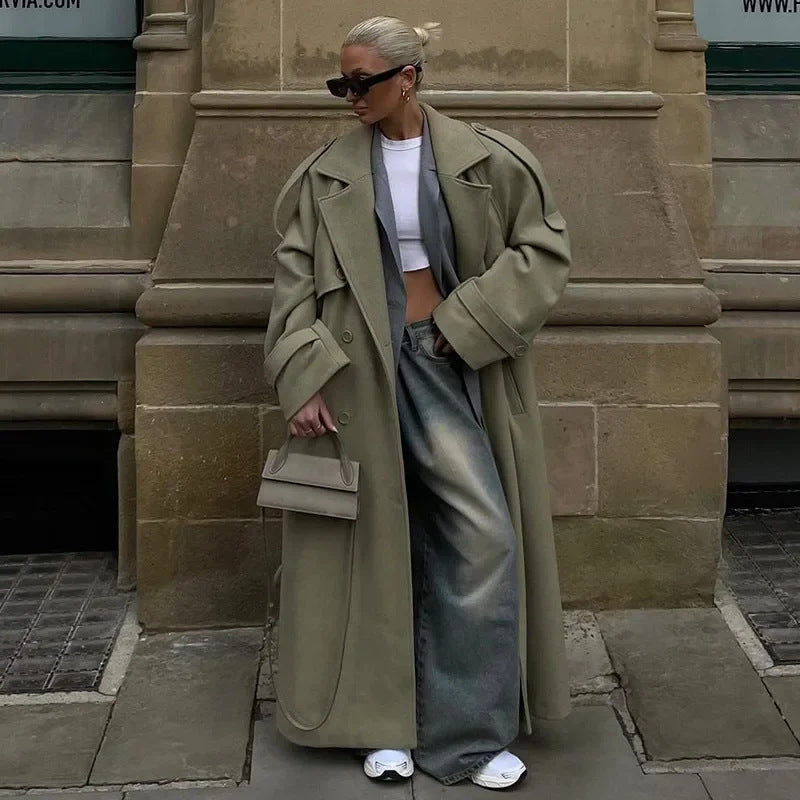 Damen Modischer Oversized-Mantel mit taillierbarem Gürtel Drune