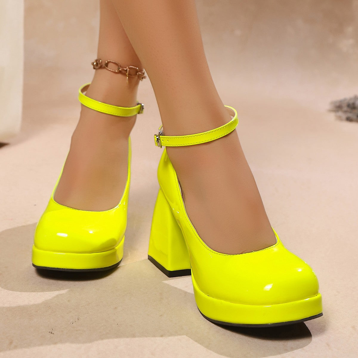Women's Ankle Strap Block Heel Pumps with Patent Finish