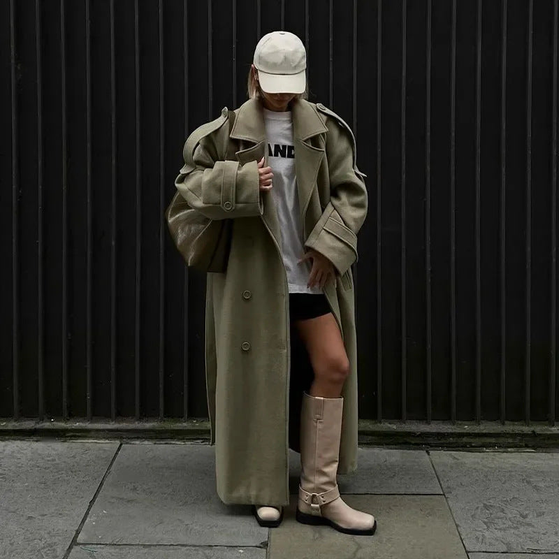 Damen Modischer Oversized-Mantel mit taillierbarem Gürtel Drune