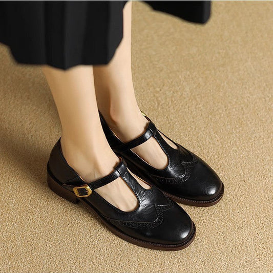 Women’s Leather T-Strap Mary Jane Shoes Brogue Detail Low Block Heel