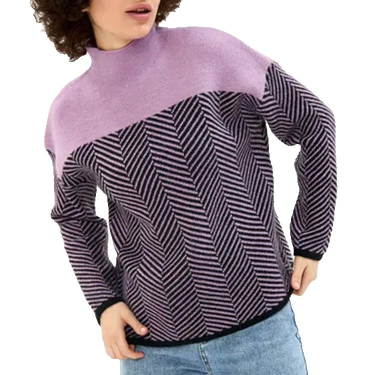 Women's Chevron Knit Jumper with High Neck and Relaxed Fit