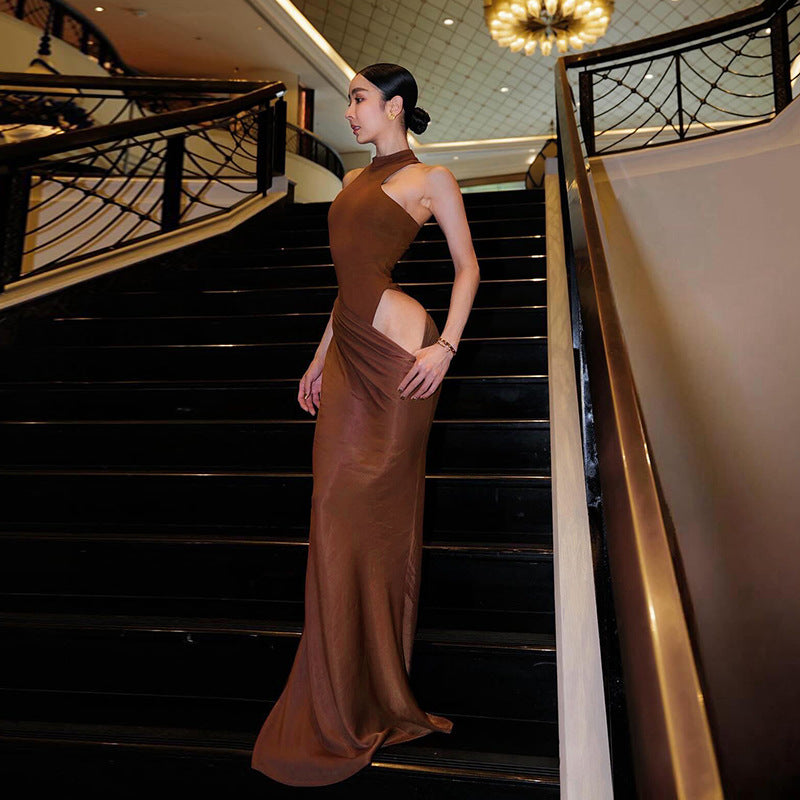 Women’s High Neck Maxi Dress with Draped Asymmetric Satin Skirt