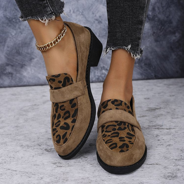 Women's Leopard Print Loafers Low Block Heel Slip-On