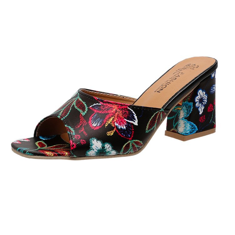 Women's Floral Block Heel Mules Open Toe for Everyday