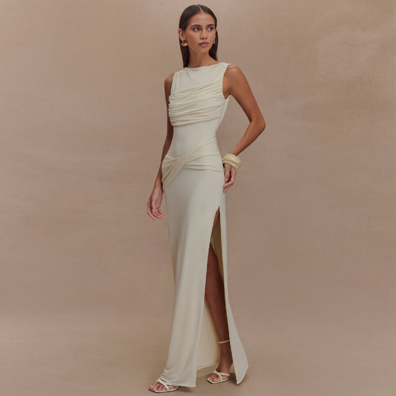 Women’s Maxi Dress with Ruched Bodice and High Side Leg Slit