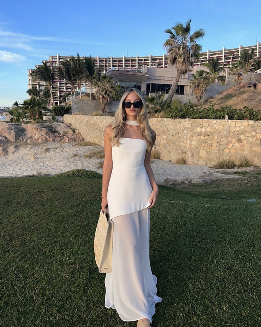 Women’s Maxi Dress with Strapless Asymmetric Bodice and Choker Detail