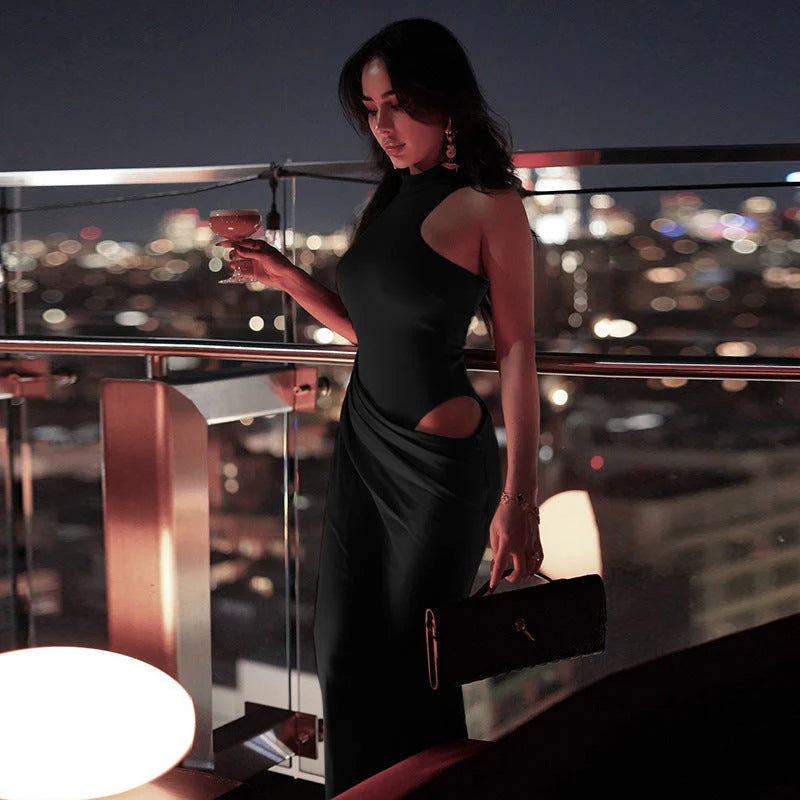 Women’s High Neck Maxi Dress with Draped Asymmetric Satin Skirt